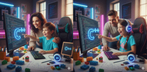 Student learning programming in C++ coding classes for kids.